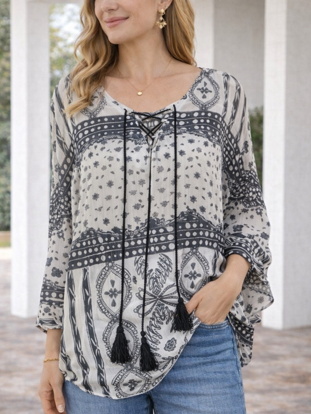 Boho Tassel Tie Blouse Black Cream Sheer Flowy Long‎ Sleeve Festival Top M